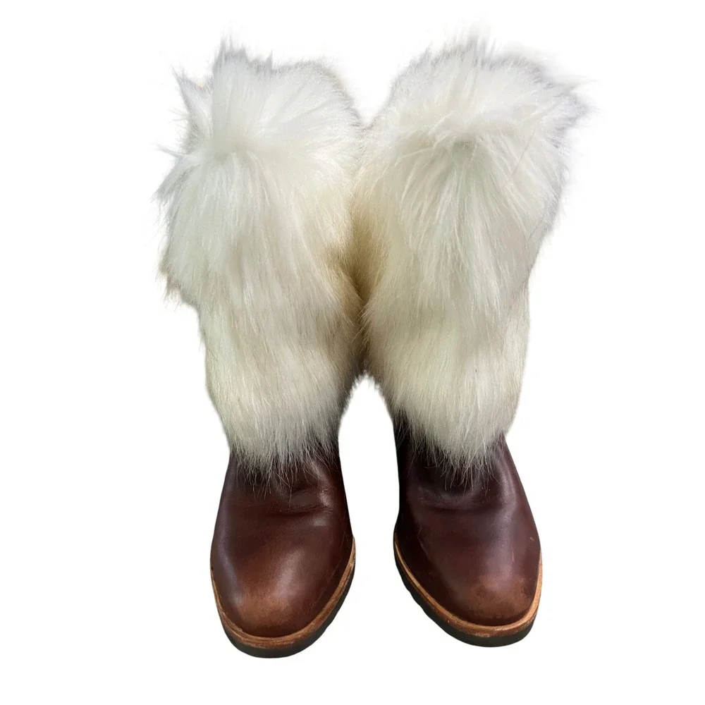 Sorel Faux Fur Trim Brown Leather Wedge Winter Boots Lug Mid Calf Womens‎ 6.5